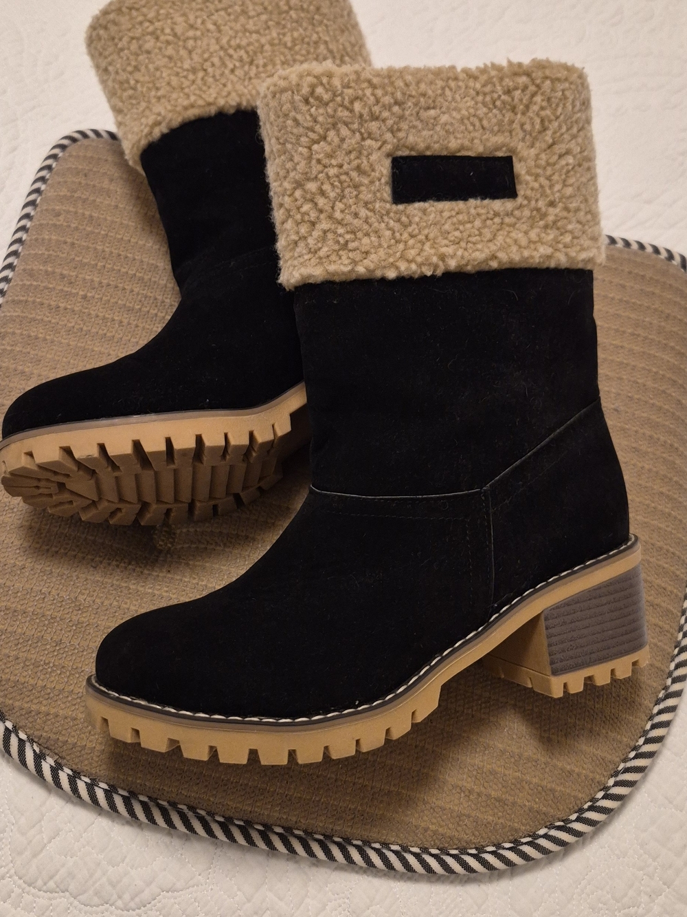 Women's Black Suede Shearling Cuff Boots